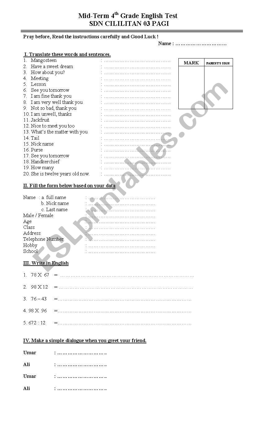 4th grade English Test worksheet