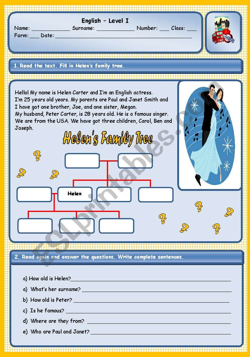 Helens family worksheet