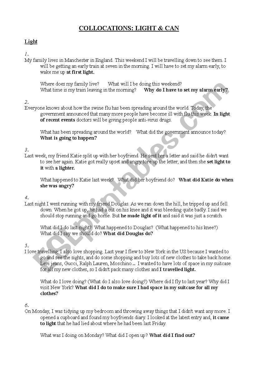 English worksheets: collocations - anecdote examples for ´light´ and ´can´