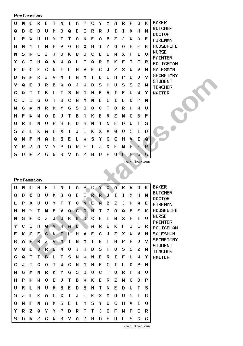 crosswords professions worksheet