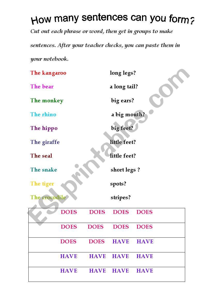 Animal sentences worksheet