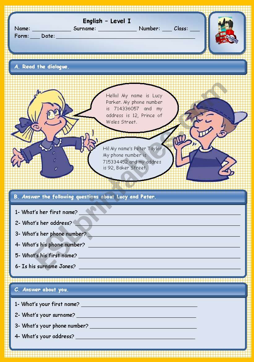 PERSONAL INFORMATION  worksheet