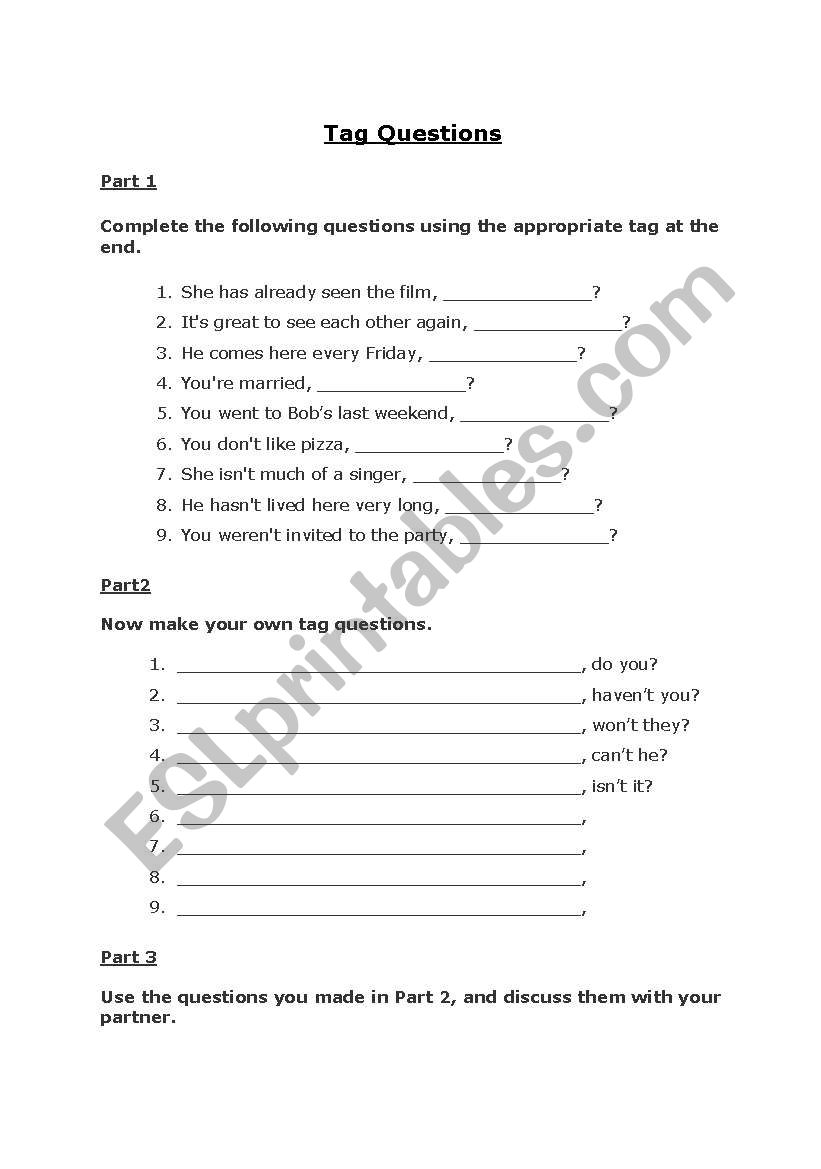 Using Tag Questions worksheet