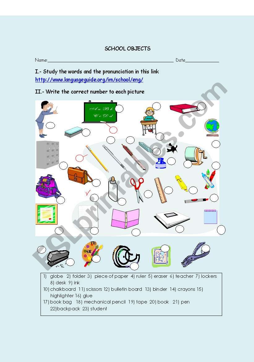 SCHOOL OBJECTS worksheet