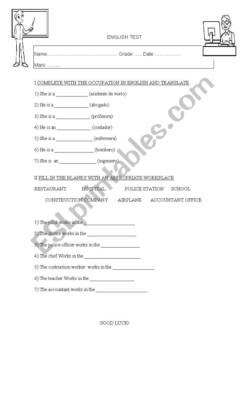 English Test Occupations and work places