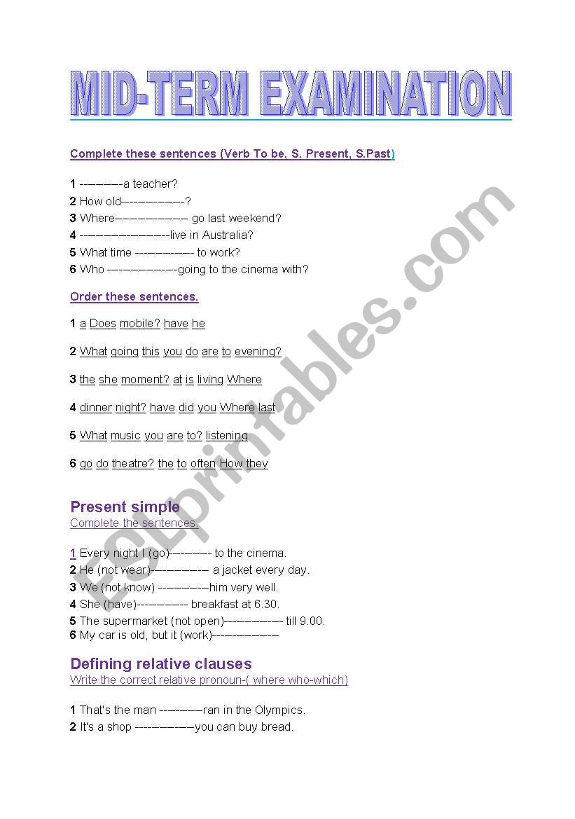 MID YEAR EXAMINATION worksheet