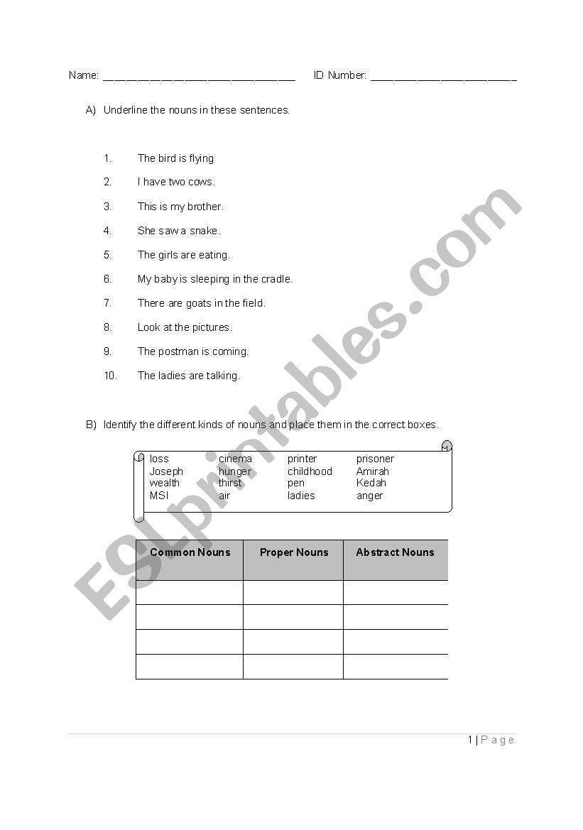 nouns simple exercises worksheet