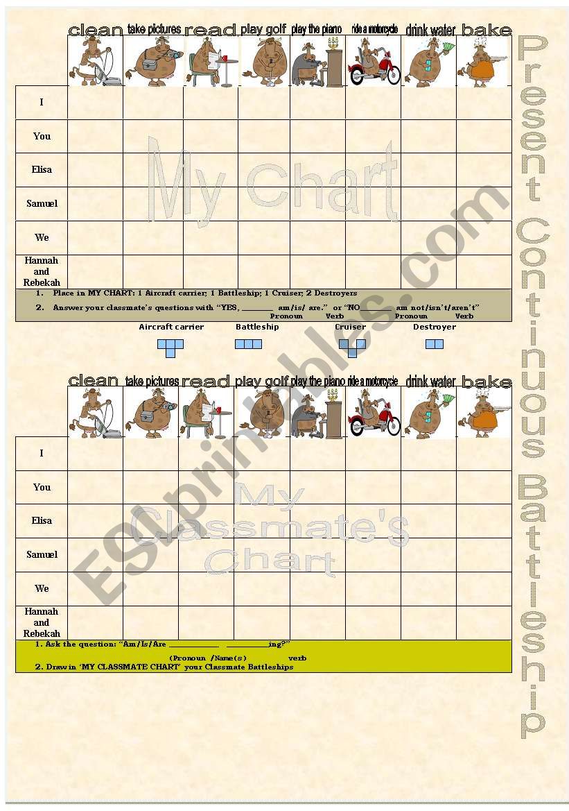 Present Continuous Battleship worksheet