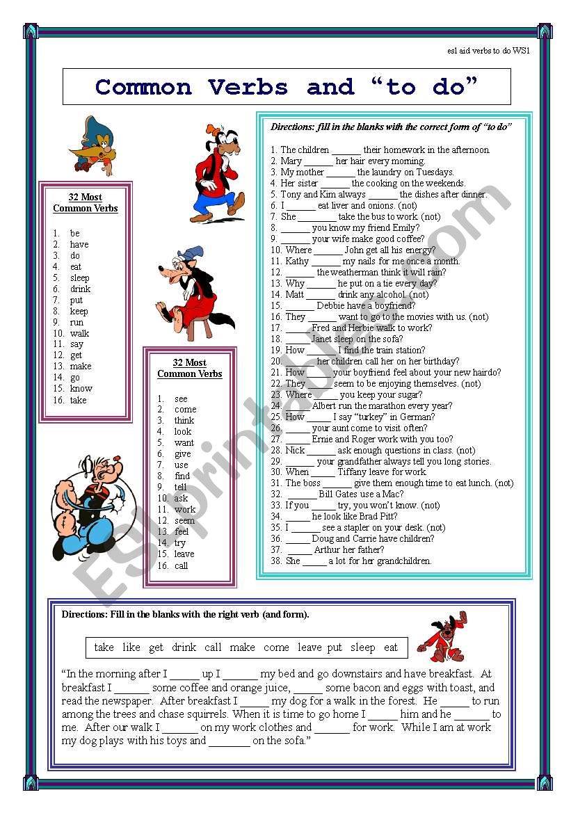 Common Verbs and to do worksheet