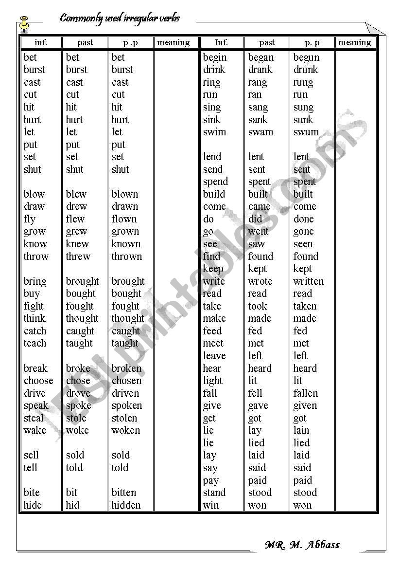 Irregula verbs worksheet