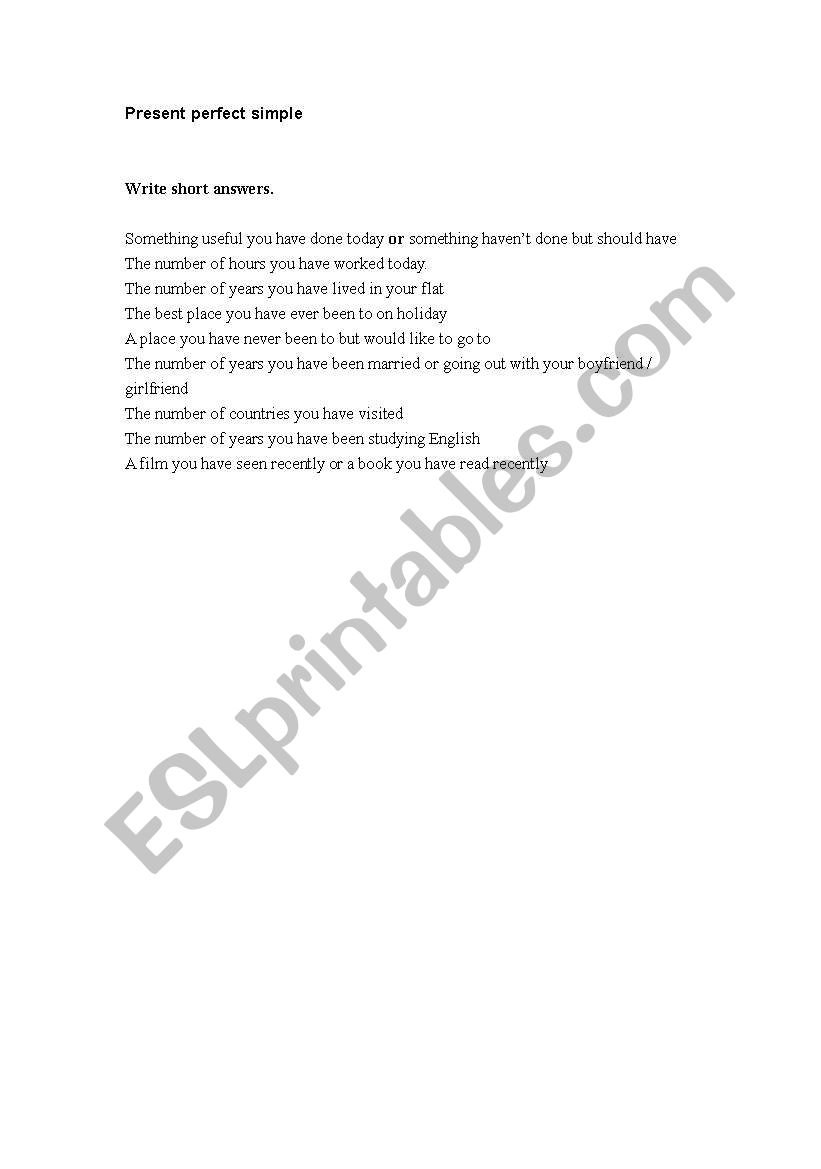 present perfect worksheet