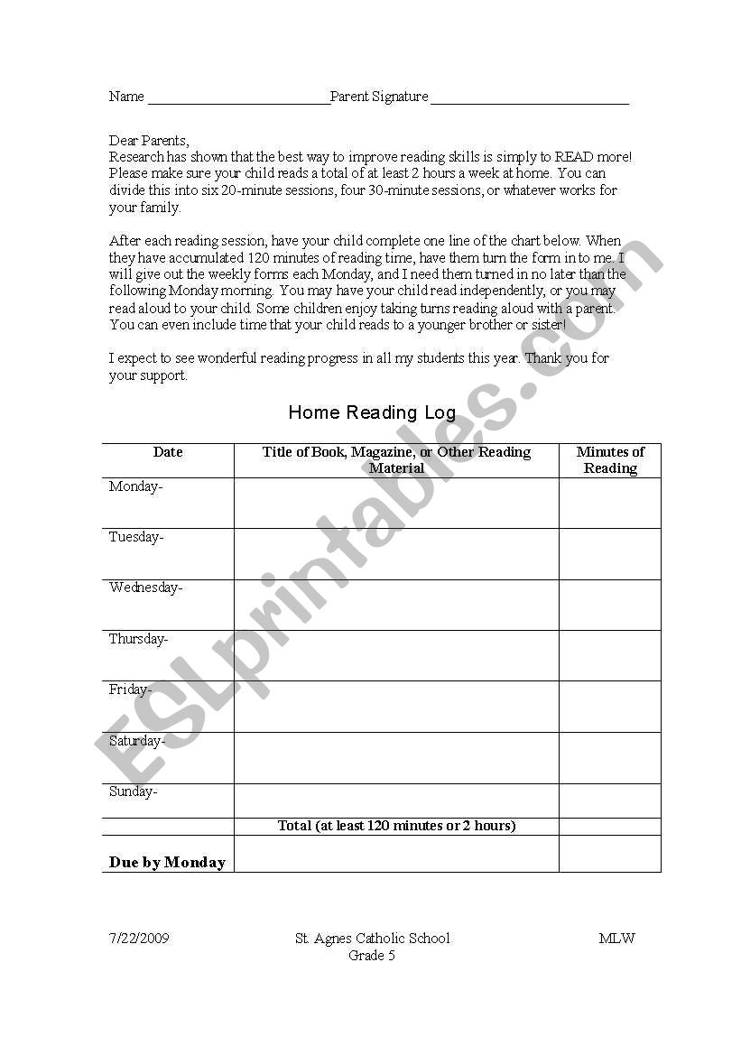 Reading Log worksheet