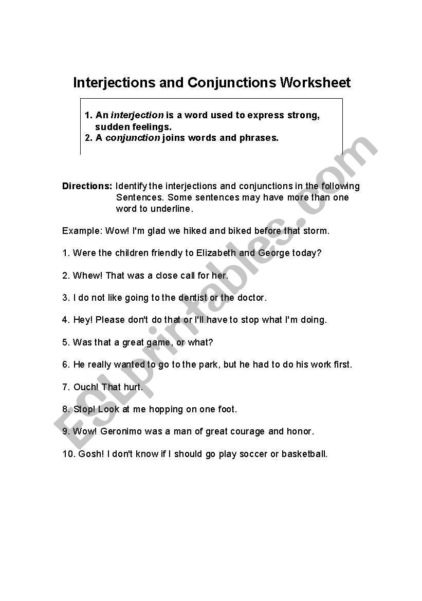English Worksheets Conjunctions And Interjections