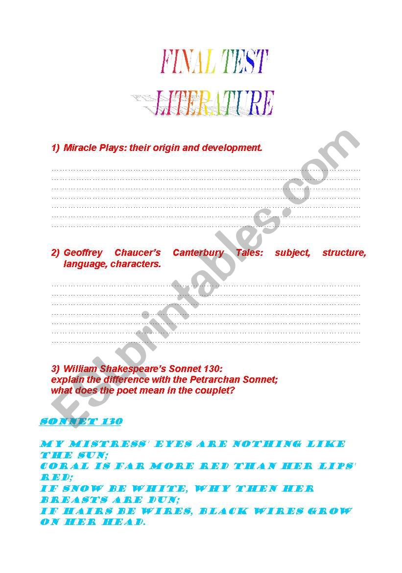 FINAL TEST LITERATURE worksheet