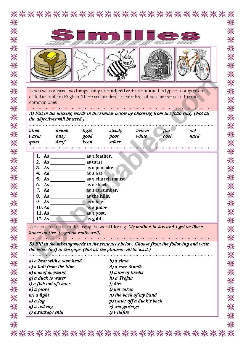 Similes LIKE-AS, 2 pages+key worksheet