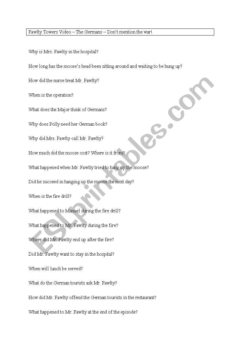 Fawlty Towers Worksheet Questions for the episode The Germans 