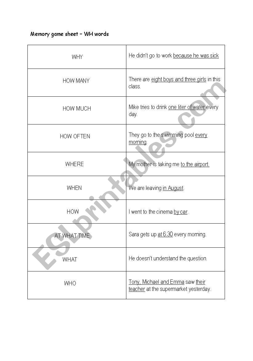 memory game - practice asking questions with WH words and tenses