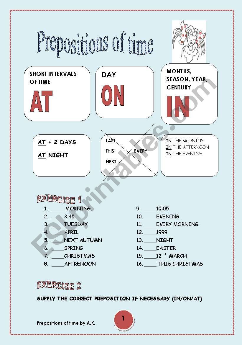 5 pages of Prepositions of time