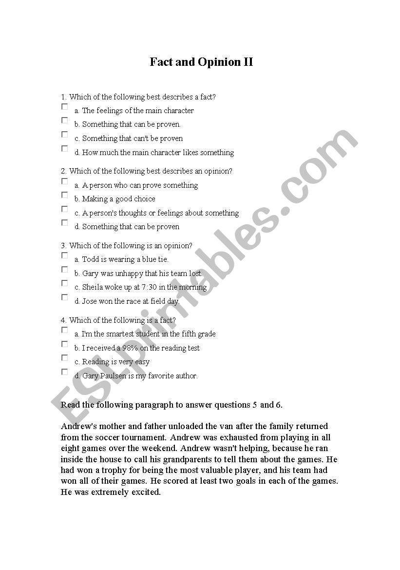 Facts and Opinions worksheet