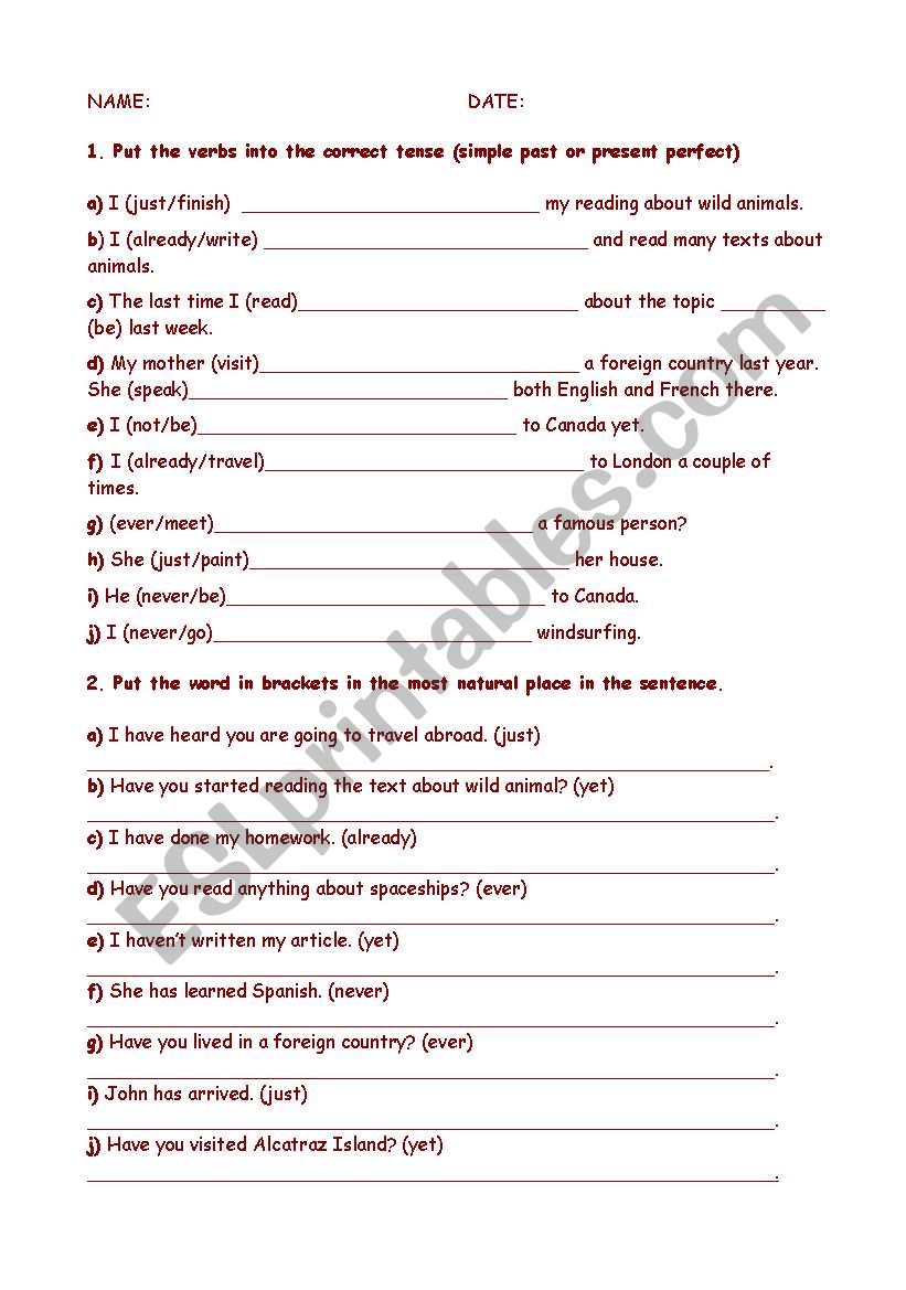 Present Perfect exercises worksheet