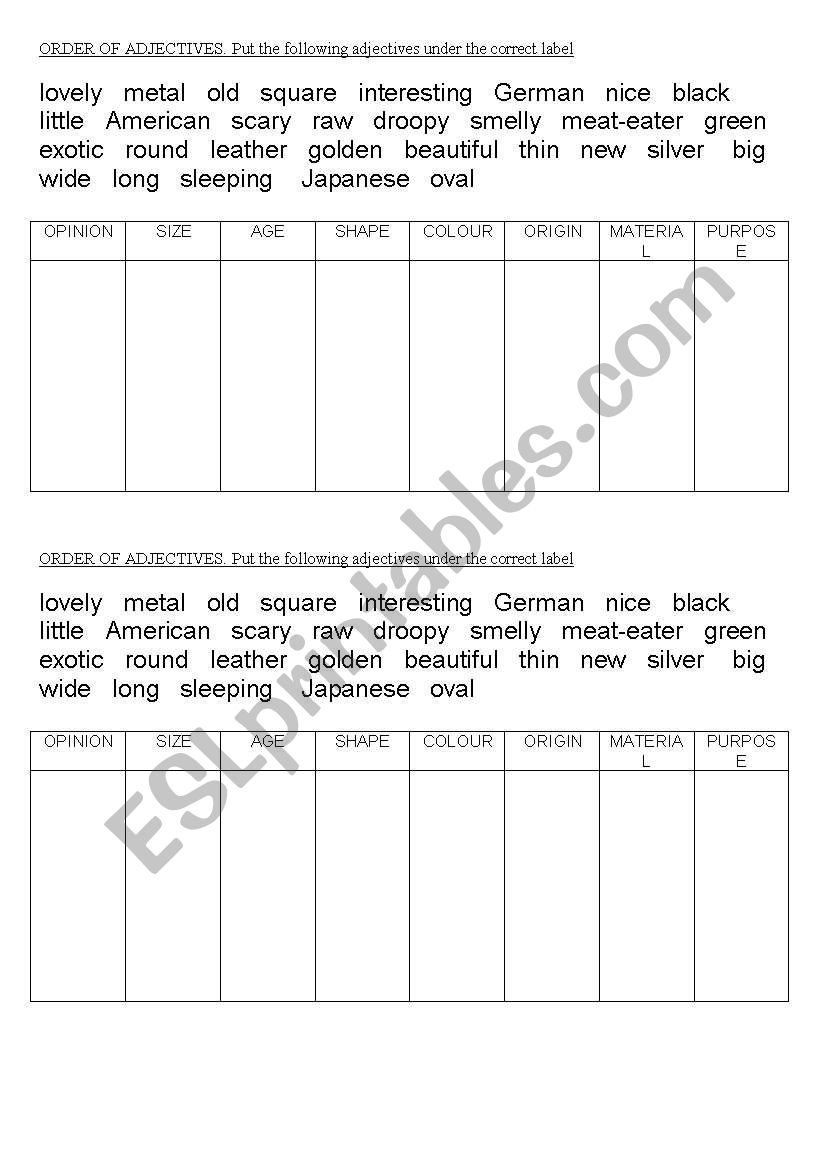 ORDER OF ADJECTIVES worksheet