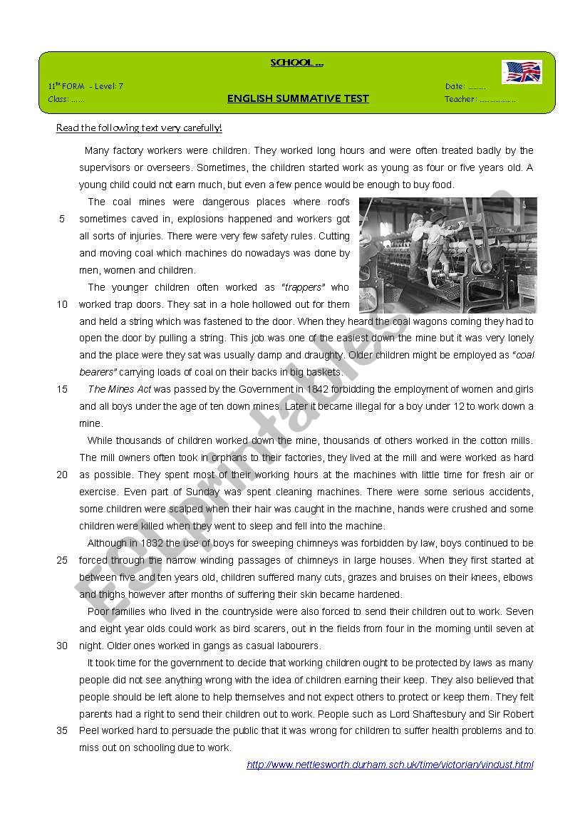 Test - Child Labour worksheet