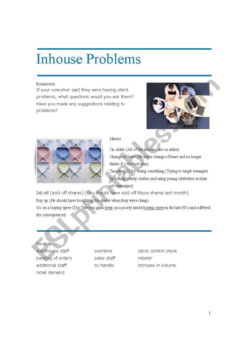 Inhouse Problems worksheet