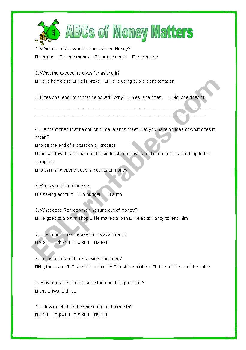 Listening activity- ABCs of money matters