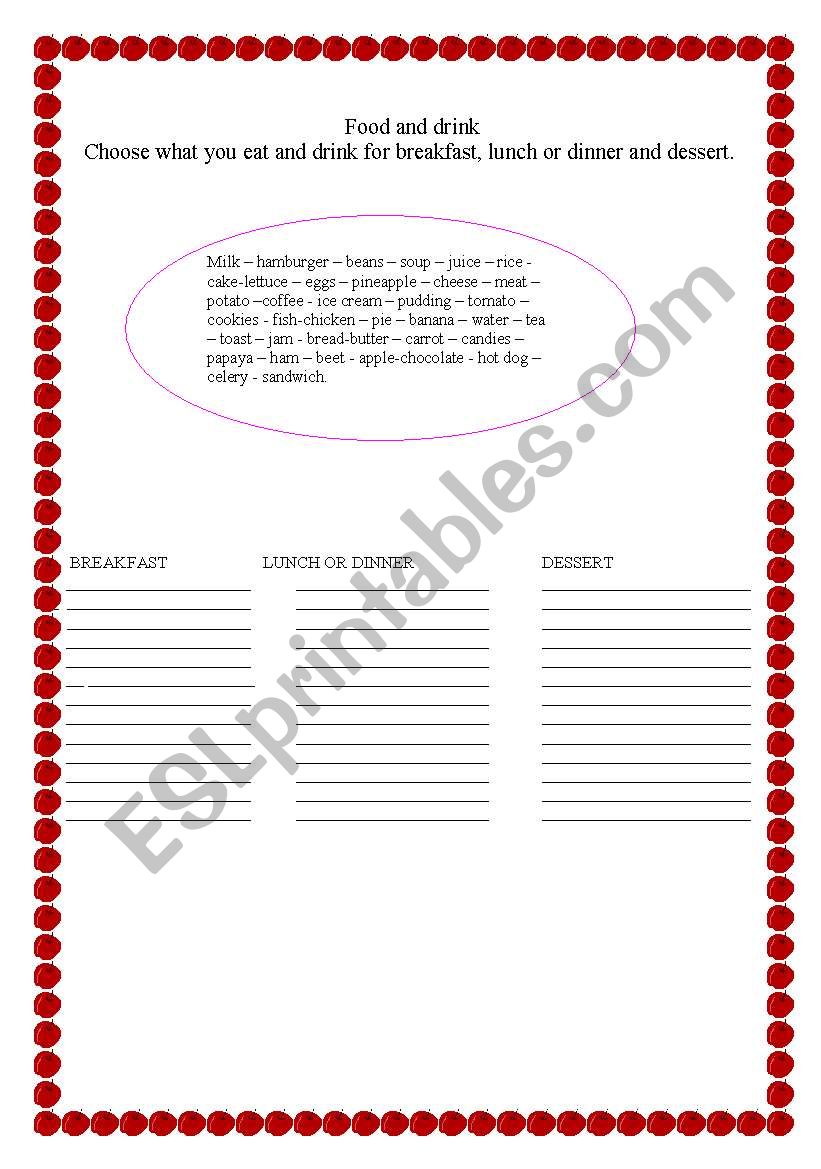 FOOD AND DRINK worksheet