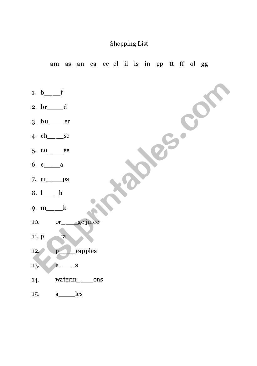 Shopping list worksheet