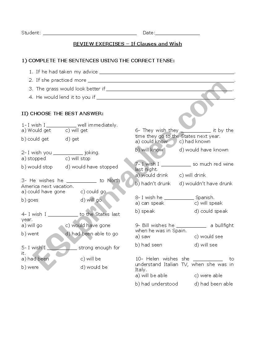 Conditionals and wish worksheet