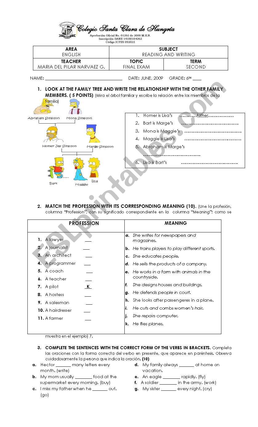 Exam for six graders worksheet