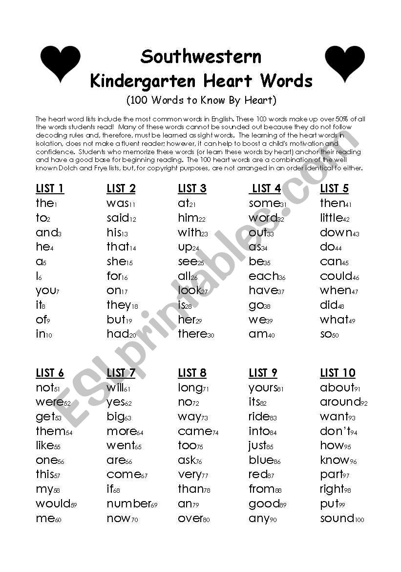 Kindergarten Heart Words worksheet