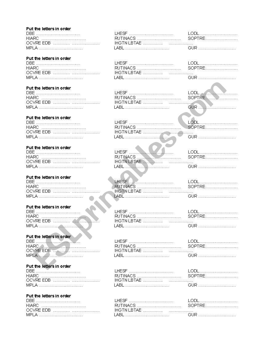 Bedroom objects worksheet