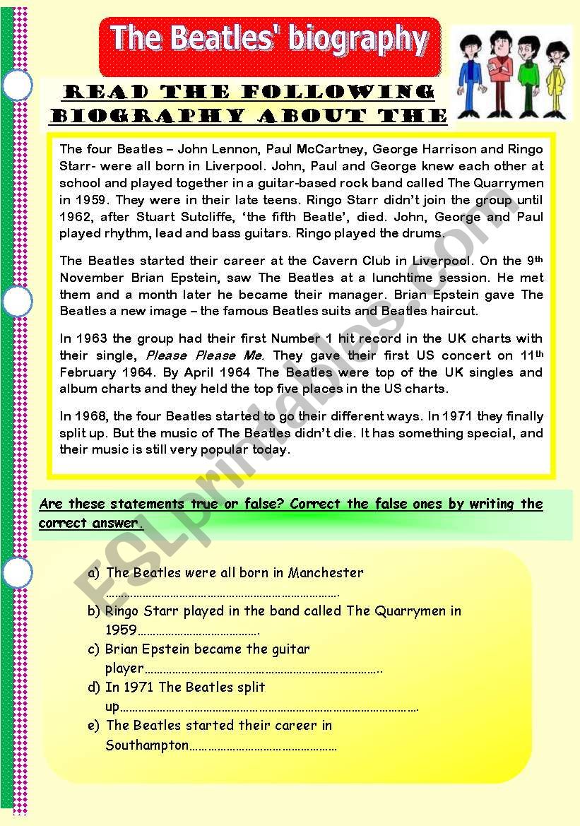 The Beatles biography. Reading comprehension plus various exercises on different verb tenses. (Editable)