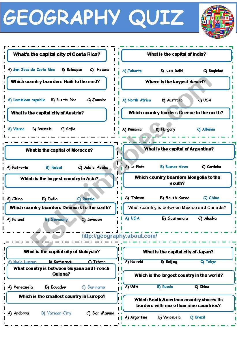 Geography quiz. 18 question cards to play with Geography. 