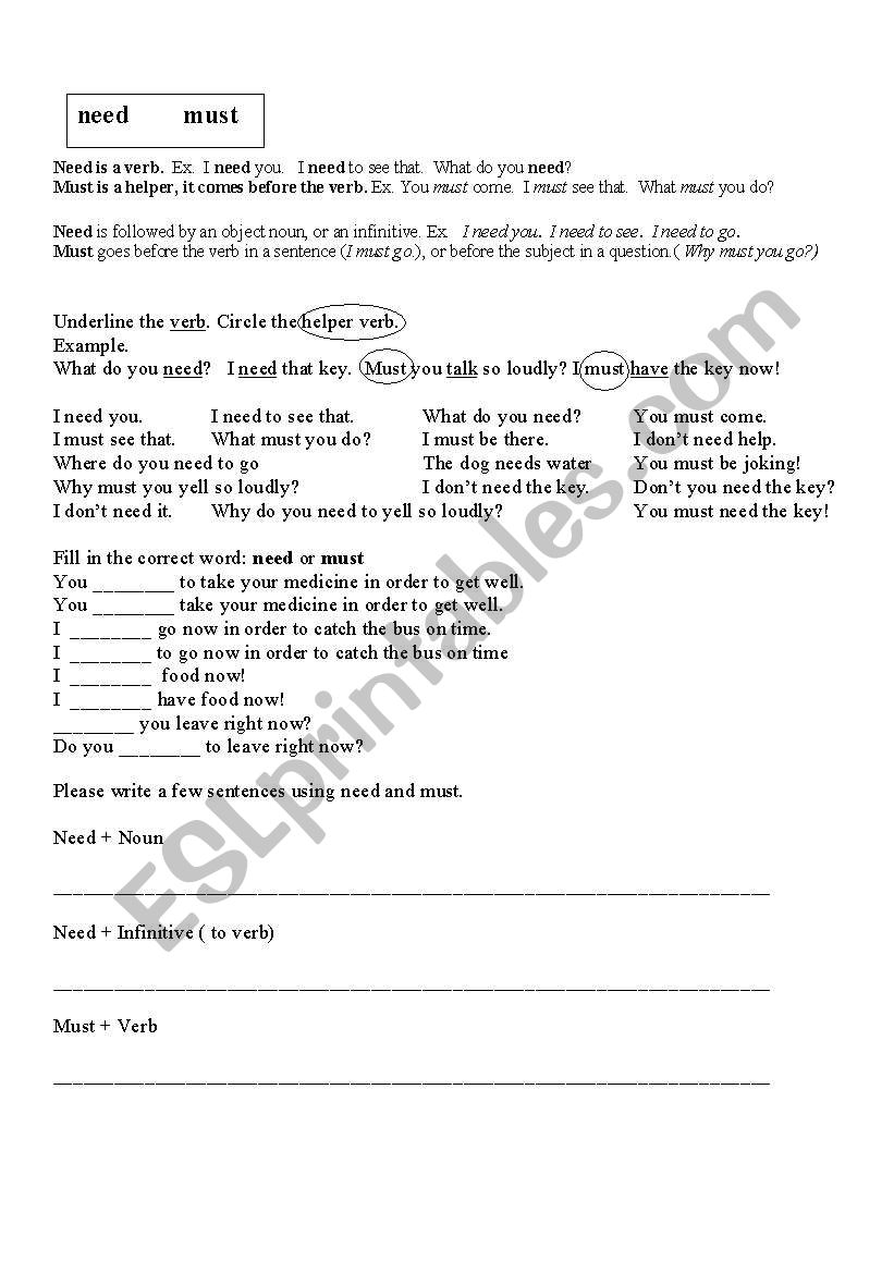 Need and Must worksheet