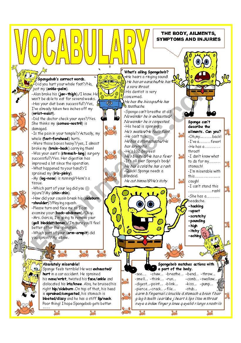 Â´RECYCLING VOCABULARYÂ´ - TOPIC: THE BODY - AILMENTS - SYMPTOMS AND INJURIES. UPPER Elementary & up.