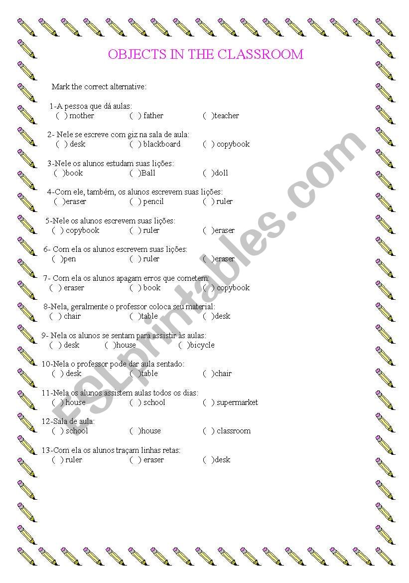 Object in the classroom worksheet