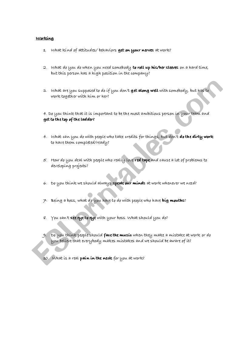 Working- questions and idioms worksheet