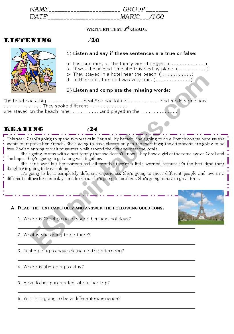 test for 3 grade worksheet