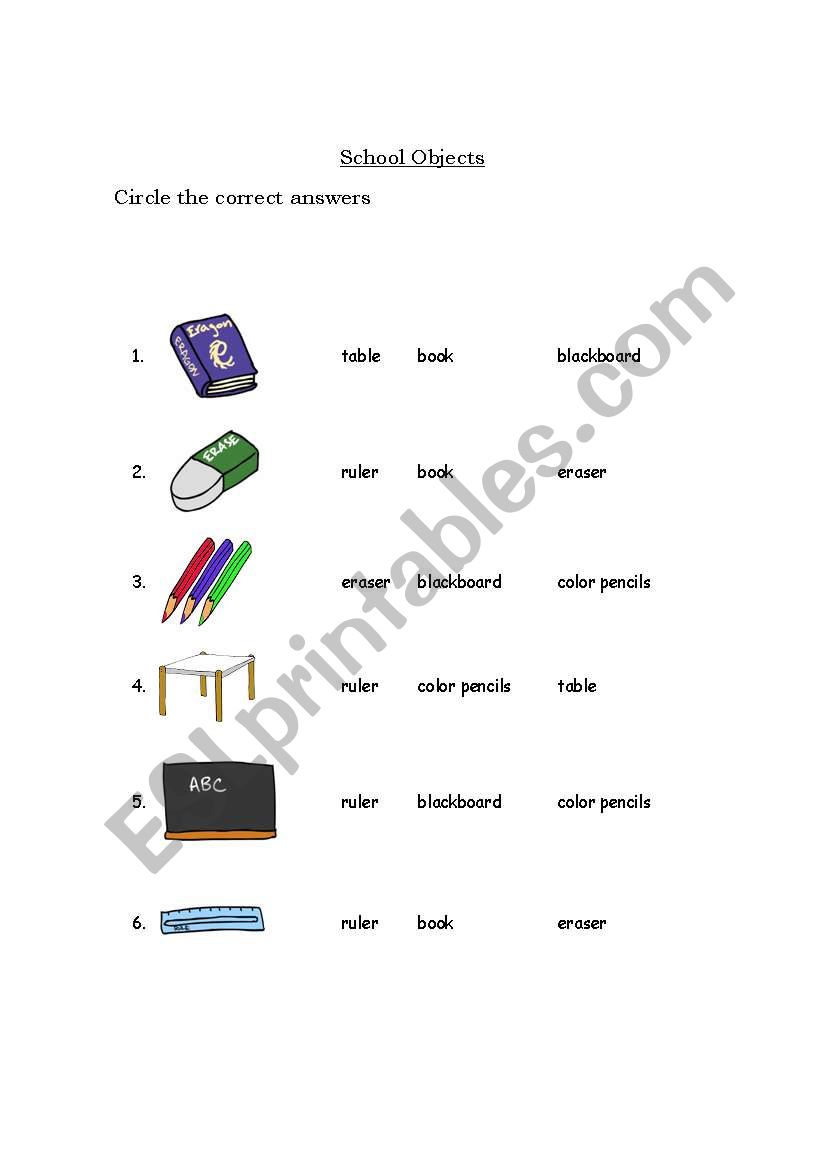 school objects worksheet