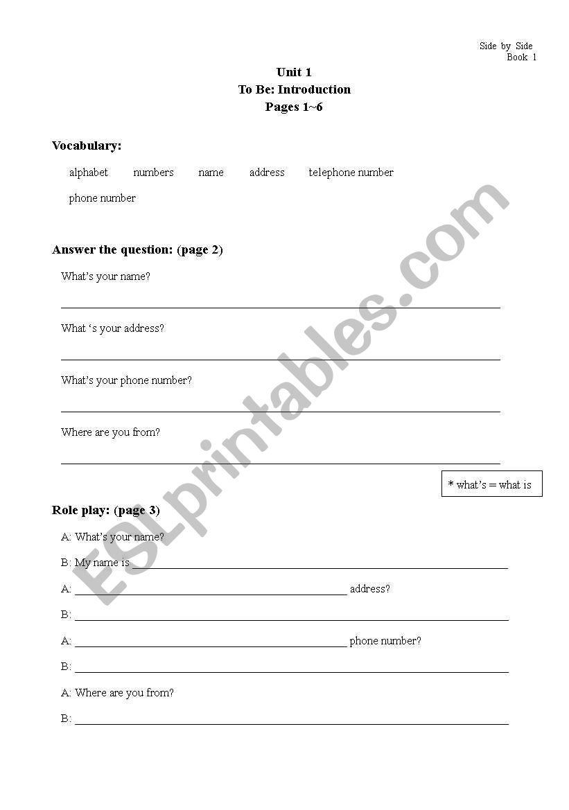 Side by Side Unit 1 worksheet