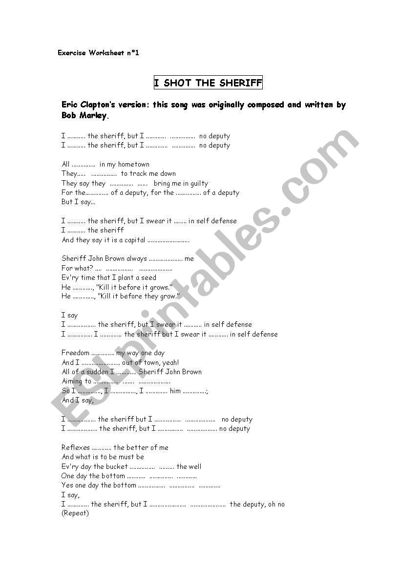 I shot the Sheriff Bob Marley worksheet