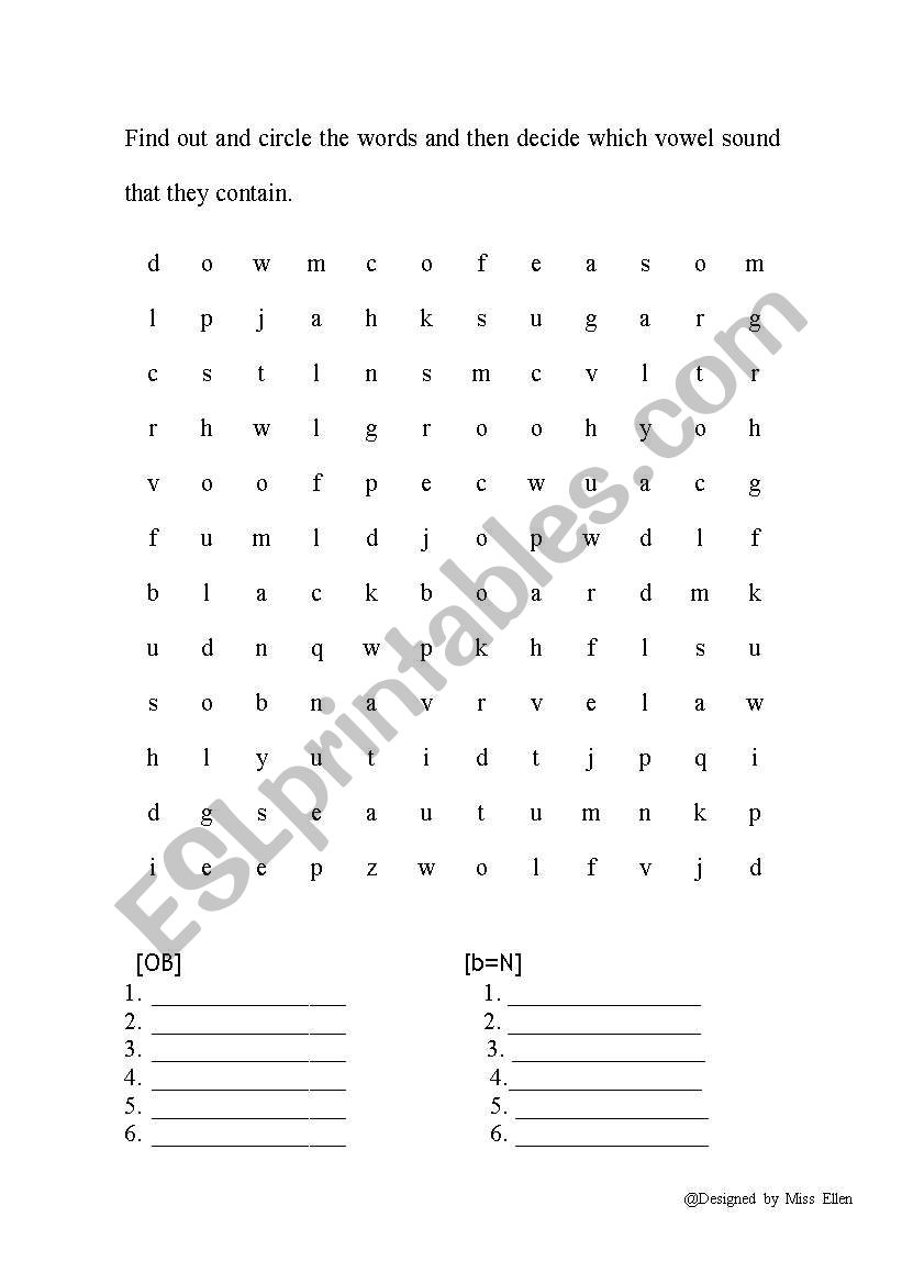 Word search of vowels  worksheet