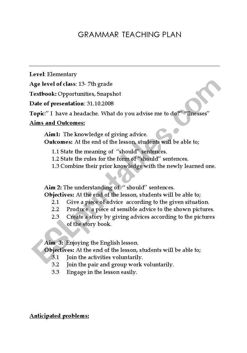 SHOULD-GRAMMAR TEACHING worksheet