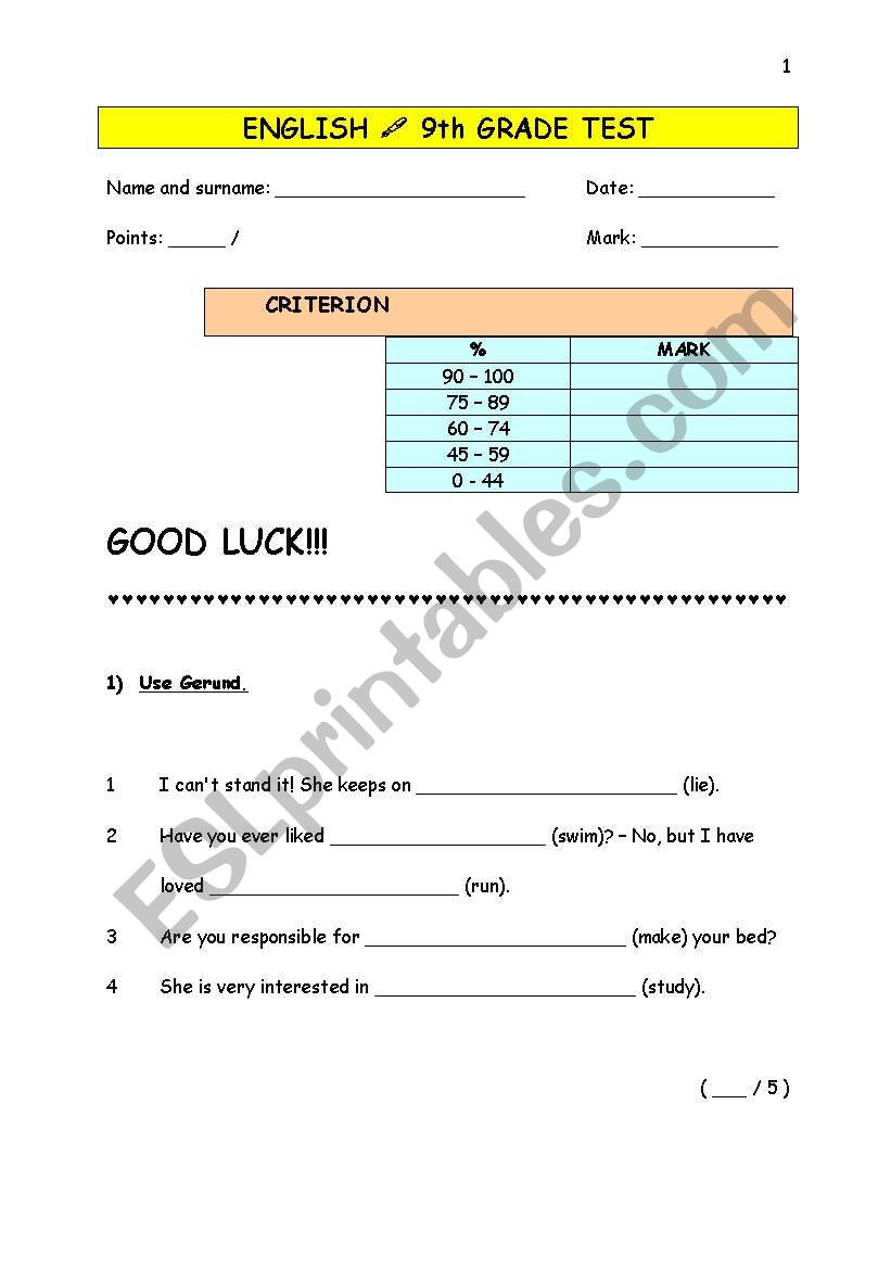 9th grade test worksheet