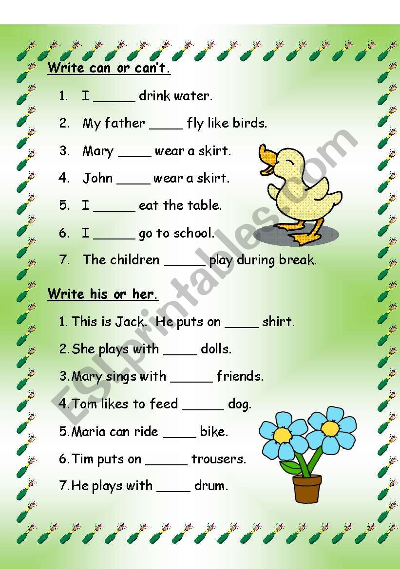 Can, Cant   -   His, Her worksheet