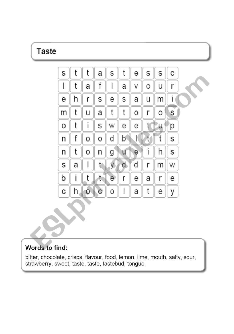 Wordsearch on taste worksheet