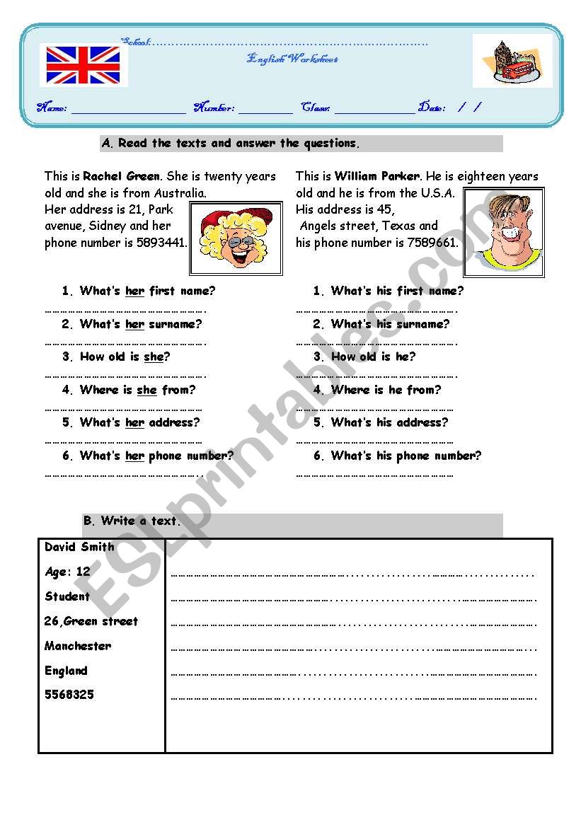 Personal information Worksheet